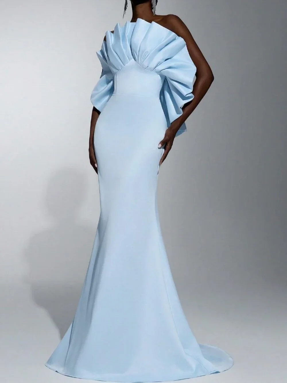 Baby Blue Elegant Women's Mermaid Evening Gown with Ruffle Off-Shoulder Train